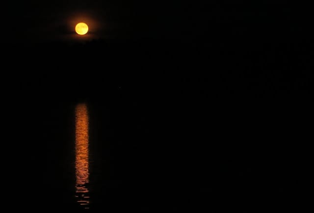 A yellow moon reflects light over the dark night sky and the ocean below it.