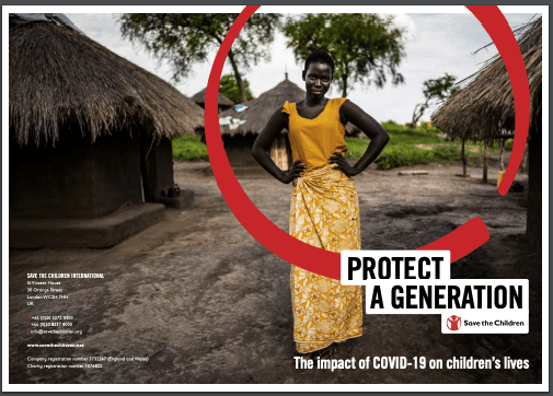 "Save The Children" edited photo- young woman wearing bright yellow dress, posing with hands on hips.