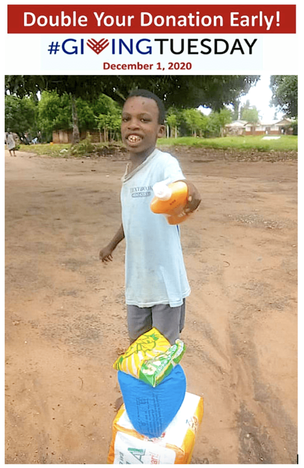 #GivingTuesday campaign, Matt pointing a small orange bottle towards camera, standing behind 3 colorful packages.