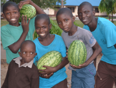 Five young boys posing together, carrying 3 watermelons.