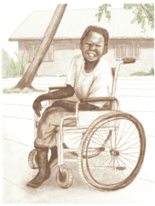Storybook illustration of a child in a wheelchair