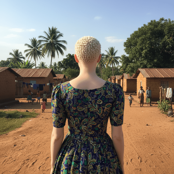 A person with very short, light blond curly hair stands facing away from the camera in a rural village with red dirt ground and small brick houses. They are wearing a green and blue patterned dress. Palm trees and leafy green trees rise behind the homes, and several children are visible in the background walking and playing between the houses under a clear blue sky.