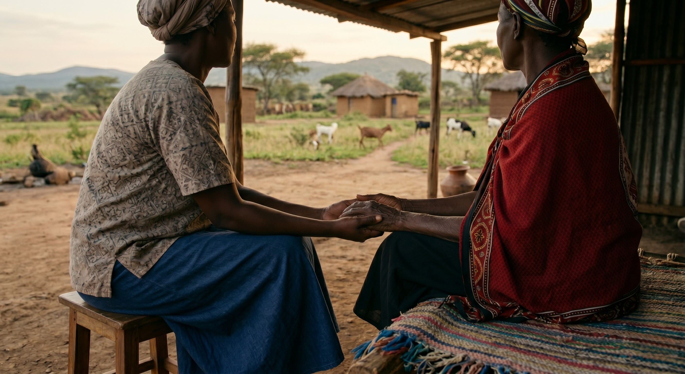 2 women in Kenya, seated on a bench outside a home and holding hands