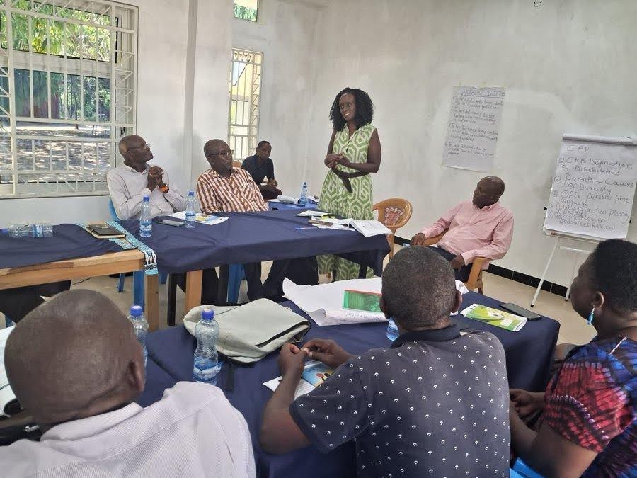 African woman in a room of African men giving a speech